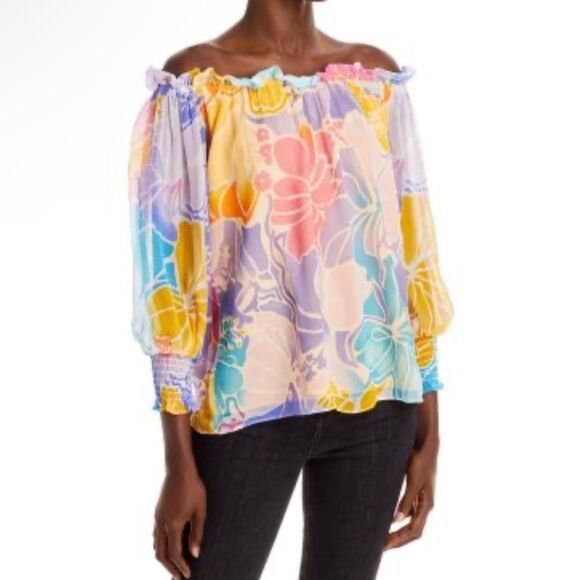 Ramy Brook Addison Floral Off the Shoulder Boxy Loose 100% Silk Top Size Small - Picture 7 of 14
